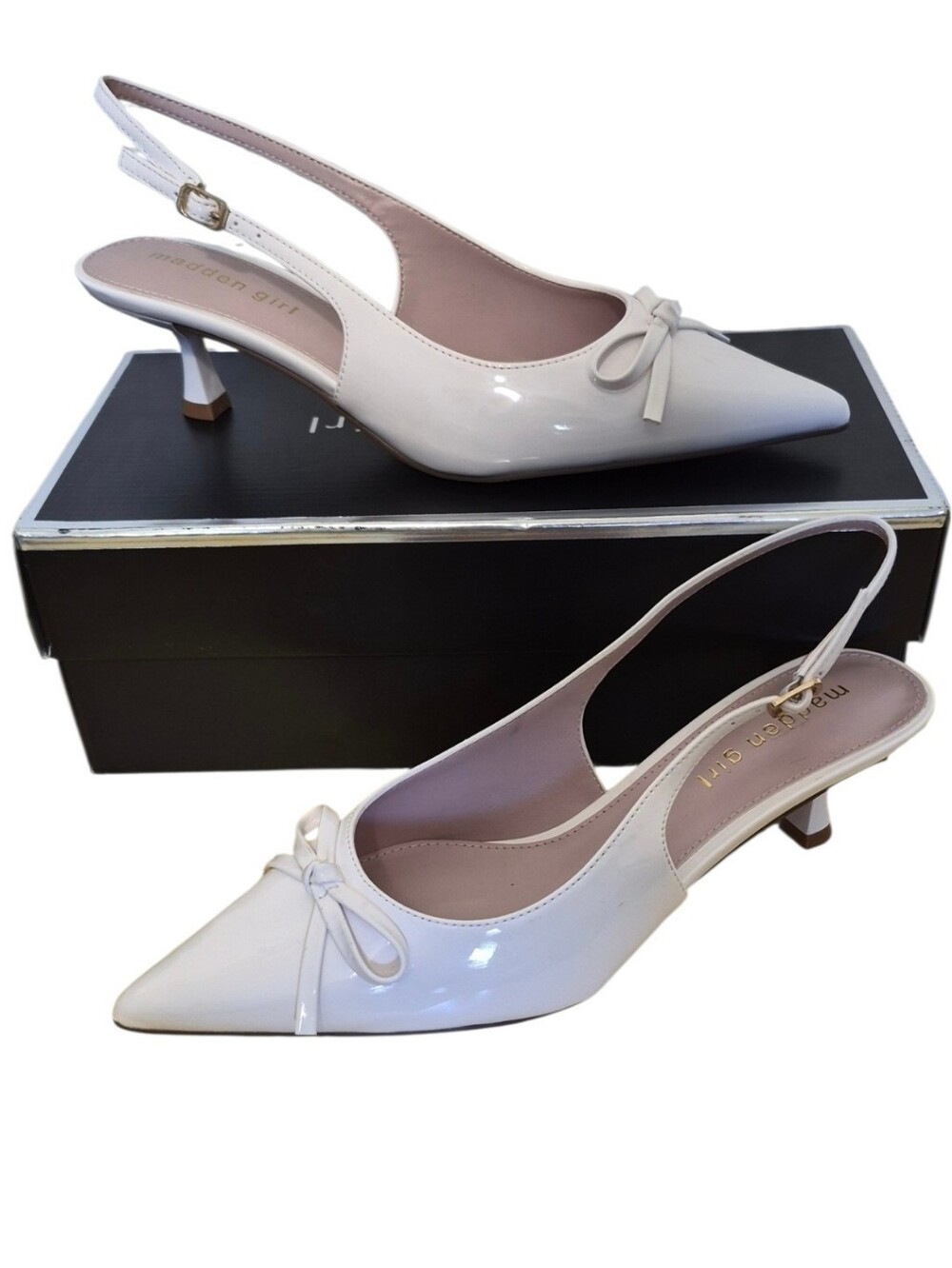 Madden Girl Vogue White Patent Bow Slingback Kitten Heel Pumps Size 8.5